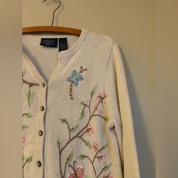 Crazy horse liz Claiborne embroidered sweater cardigan birds flowers spring - Picture 4 of 7